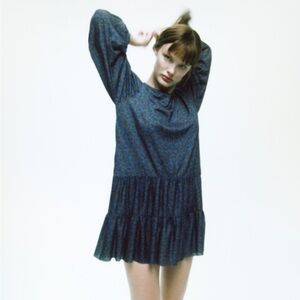 Zara Babydoll Floral Ditsy Satin Tiered Swing Relaxed Fit Mini Swing Dress S